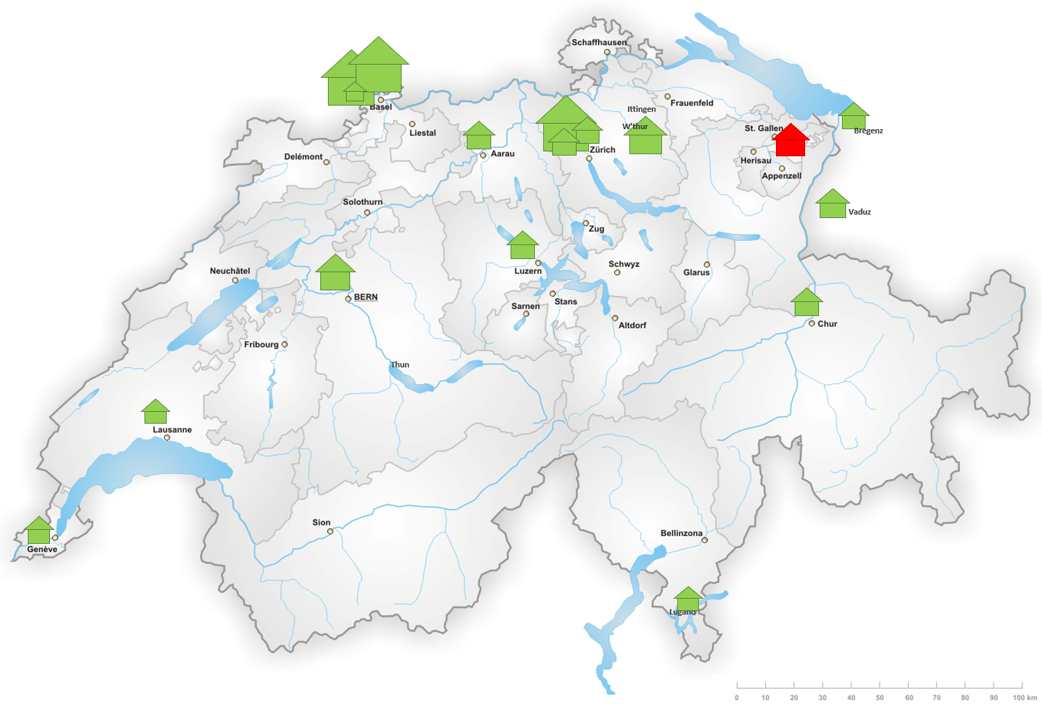 Grosse und mittlere Kunstmuseen in der Schweiz und im nahen Ausland. (Grün: zeitgemässe Gebäude. Rot: keine zeitgemässen Gebäude)